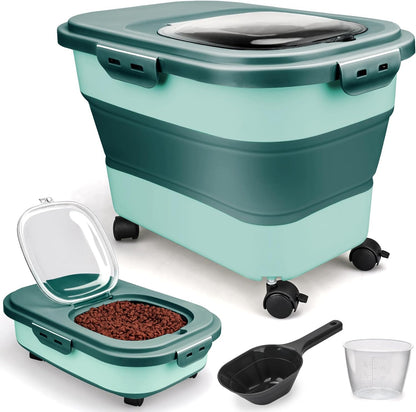 Viretec Dog Food Storage Container, 10-20Lbs Collapsible Pet Food Storage Containers with Rolling Wheel Airtight Locking Lid, Dry Food Storage Bin with Cup and Scoop,Suitable for Pet Food, Rice, Flour
