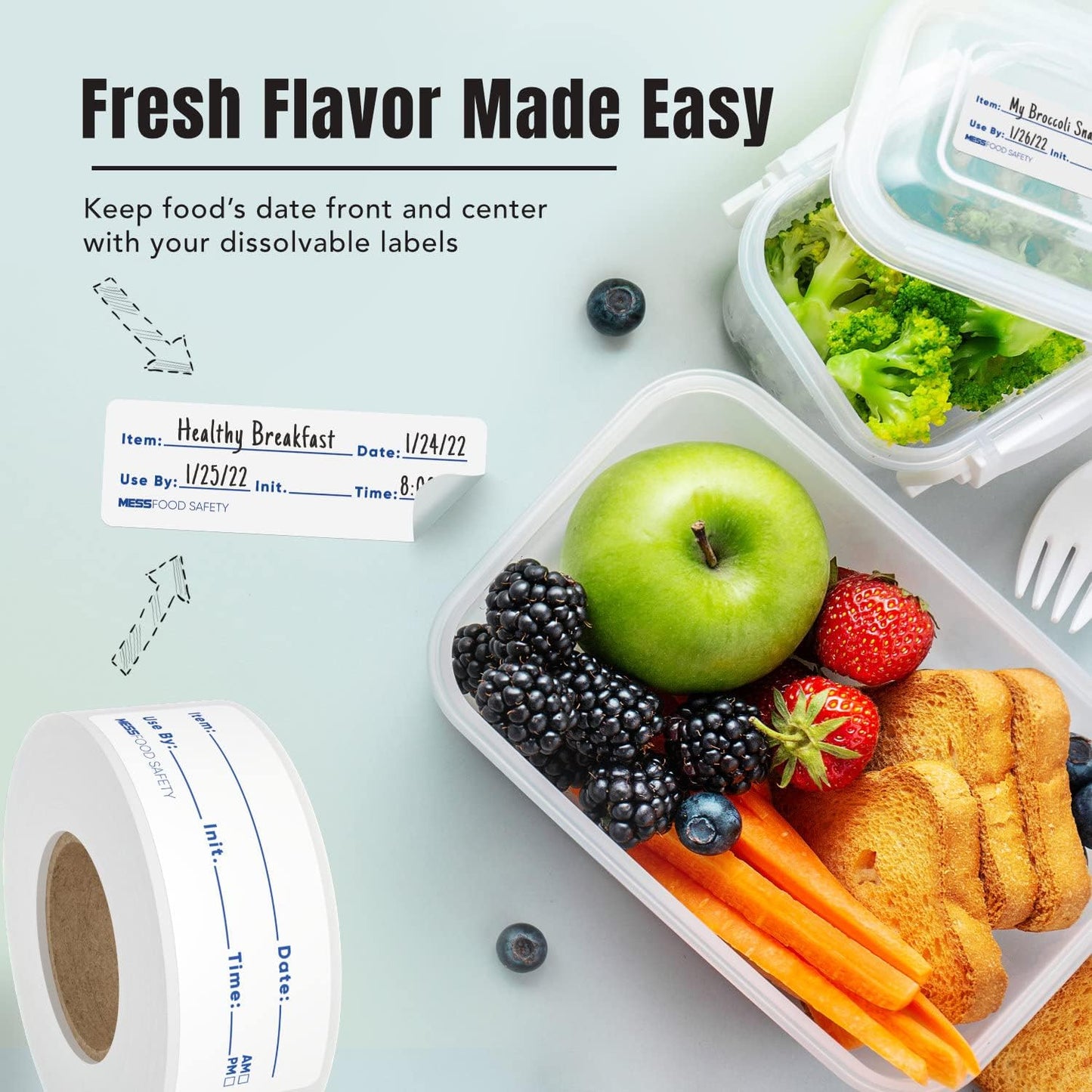 MESS Dissolvable Food Labels, 1x2, 200/Roll - Dissolves in 30 Seconds or Less - Removable Pantry, Meal Prep & Food Storage Labels – Canning & Freezer Use