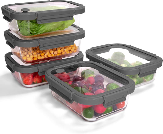 5-Pack Borosilicate Glass Containers with Tempered Glass Lids, 35.2oz/4.4 Cup Airtight Meal Prep Set, Microwave/Freezer Safe (Gray)