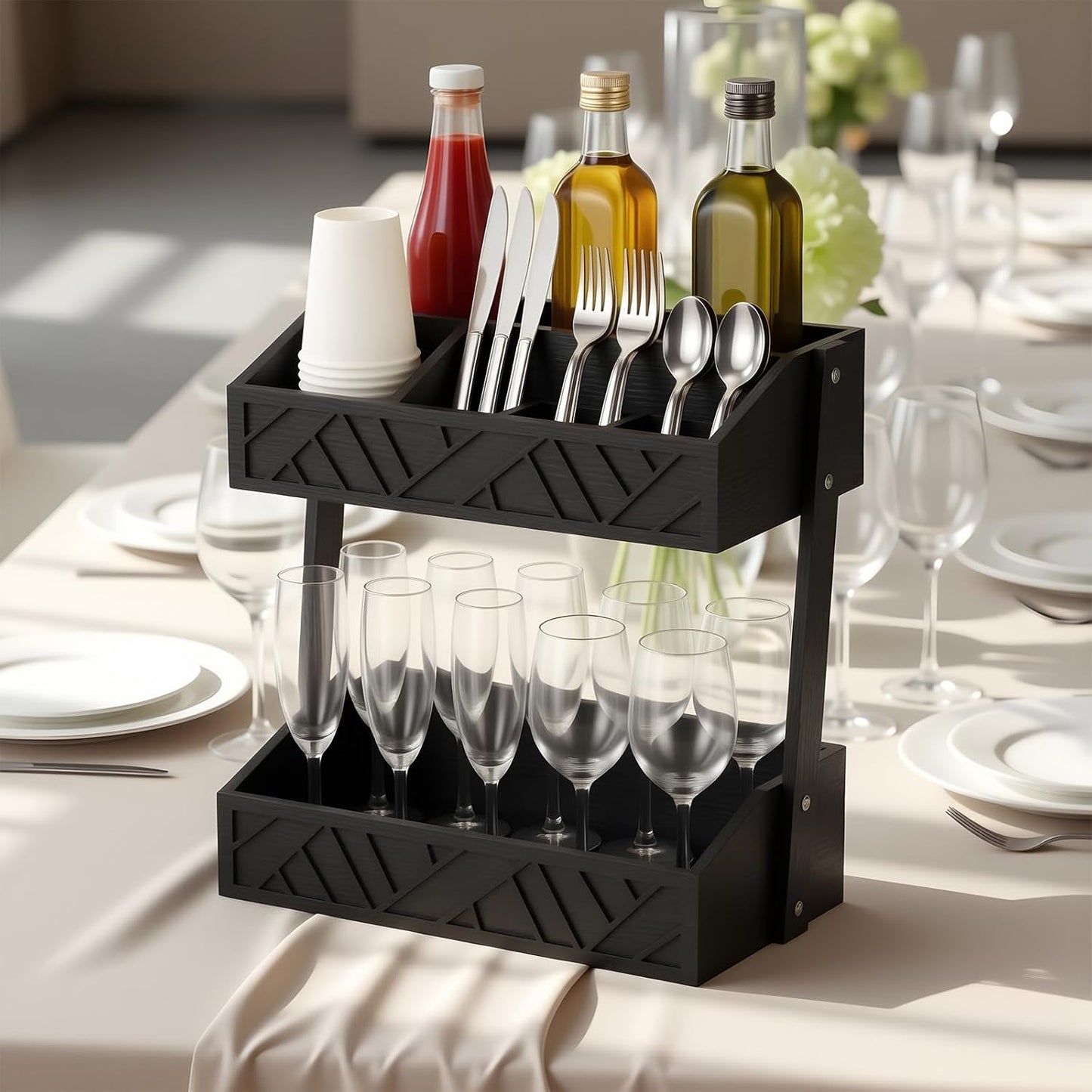 Geelin 2 Tier Paper Plate Dispenser Wood Rustic Paper Plate Holder for Countertop Silverware Utensil Caddy Cutlery Flatware Organizer Rack for Cups Spoons Forks Napkins, Kitchen Accessories, Black