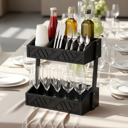 Geelin 2 Tier Paper Plate Dispenser Wood Rustic Paper Plate Holder for Countertop Silverware Utensil Caddy Cutlery Flatware Organizer Rack for Cups Spoons Forks Napkins, Kitchen Accessories, Black