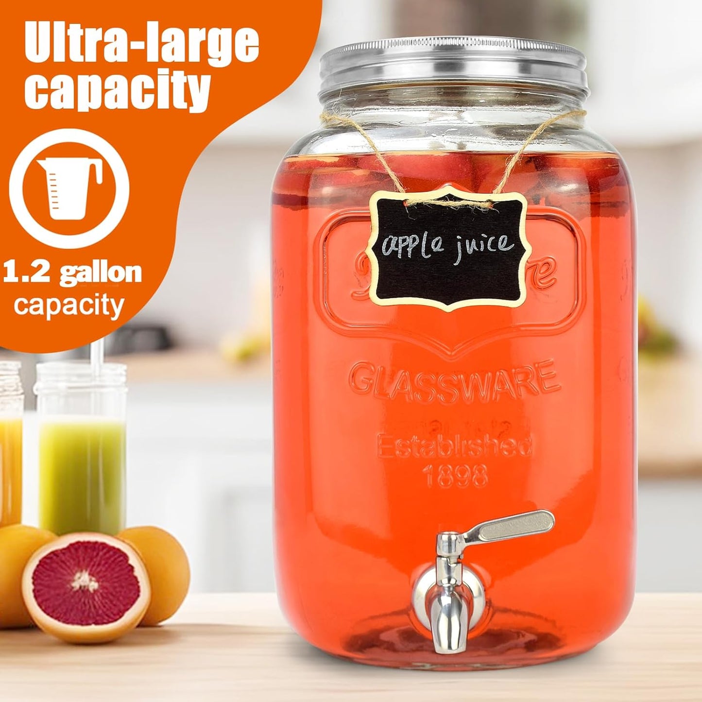 1 Gallon Glass Drink Dispensers For Parties 2PACK.Beverage Dispenser,Glass Drink Dispenser With Stand And Stainless Steel Spigot 100% Leakproof.Lemonade Dispenser With Ice Cylinder.Laundry Detergent