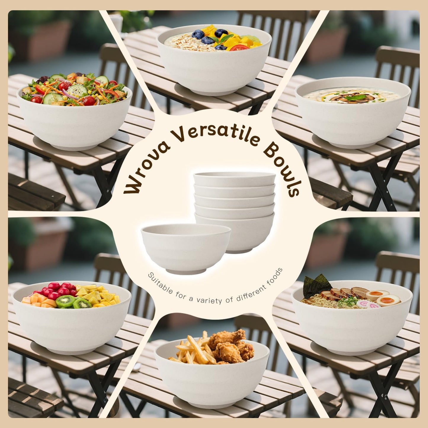 Wrova Wheat Straw Bowls for Kitchen set of 6,Anti-Scald Thick Soup Bowls 40oz,Microwave and Dishwasher Safe Bowl Sets, Unbreakable Cereal Bowl Sets. Vibrant Series