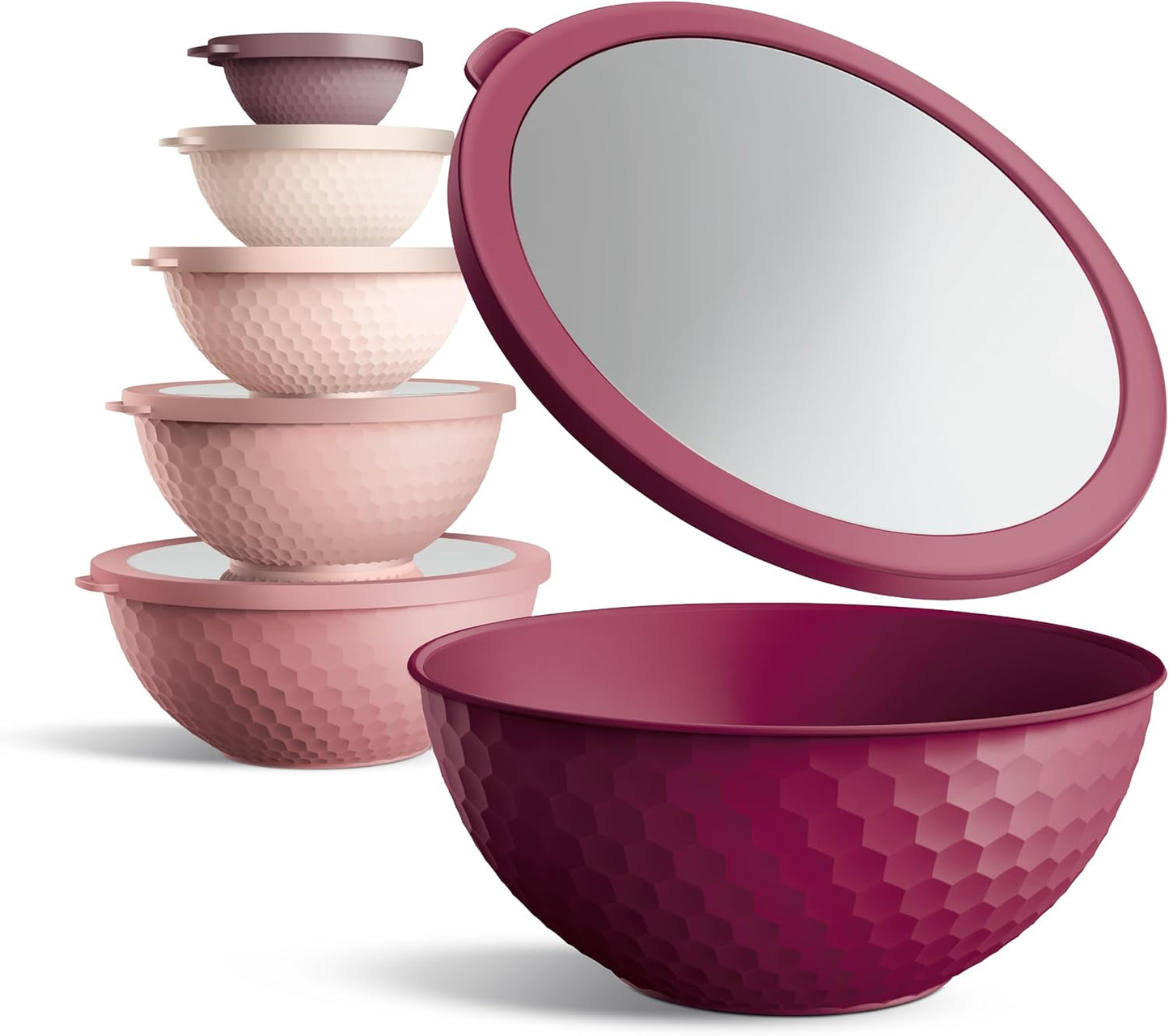 COOK WITH COLOR Mixing Bowls with Lids - 12 Piece Plastic Nesting Bowls Set includes 6 Prep Bowls and 6 Lids, Microwave Safe Mixing Bowl Set, Pink Embossed - Colors A