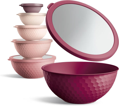 COOK WITH COLOR Mixing Bowls with Lids - 12 Piece Plastic Nesting Bowls Set includes 6 Prep Bowls and 6 Lids, Microwave Safe Mixing Bowl Set, Pink Embossed - Colors A