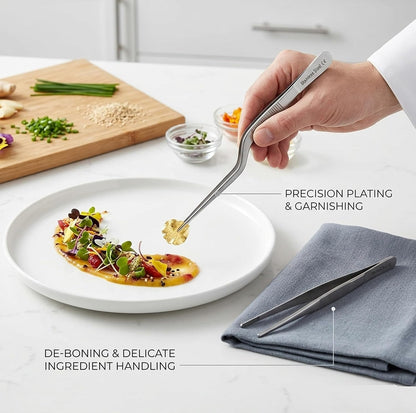 A2Z Chef Precision Tweezers Set of 2 – Stainless Steel Offset & Straight Serrated Tip Tweezers for Food Plating, Garnishing & Culinary Preparation