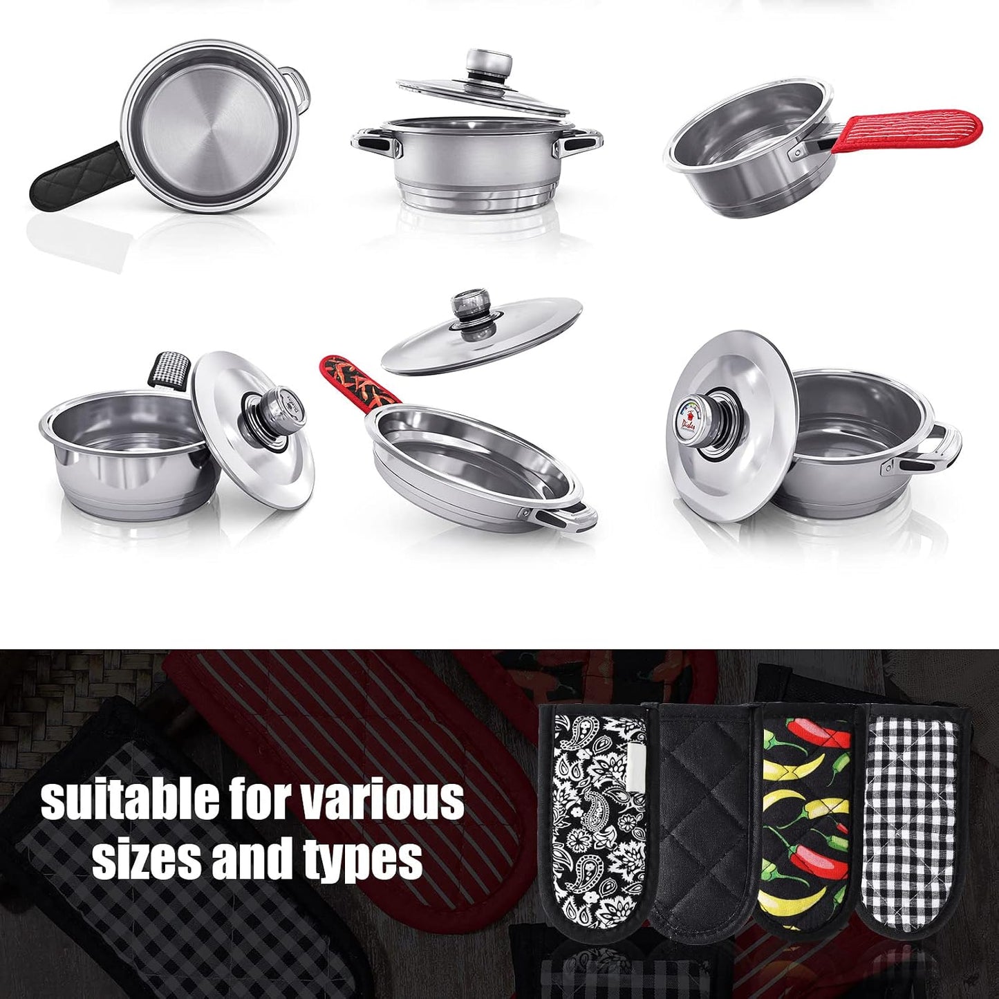 Geiserailie 8 Pcs Cast Iron Skillet Handle Cover Heat Resistant Pan Handle Sleeve Non Slip Pot Holders Machine Washable Handles Mitts for Kitchen Cooking Tools, 4 Styles(Retro Style)