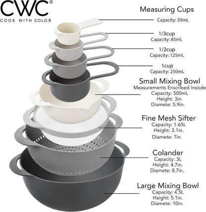 COOK WITH COLOR Nesting Bowls with Measuring Cups Colander and Sifter Set - Includes Mixing Bowls, Colander, Sifter and Measuring Cups, Navy, 8 Pc Bowl