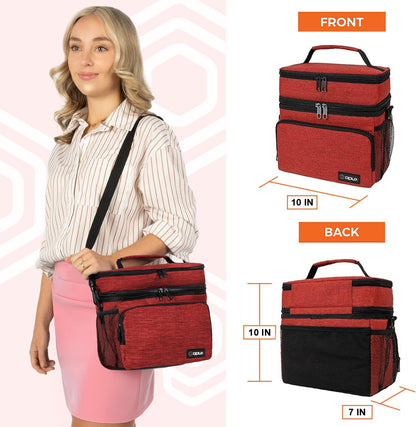 opux Insulated Lunch Bag for Men Women, Large Dual Compartment Cooler Bag, Soft Two Deck Lunch Box for Work School Picnic, Leakproof Lunch Tote with Shoulder Strap for Kid Adult (Purple, Double Deck)
