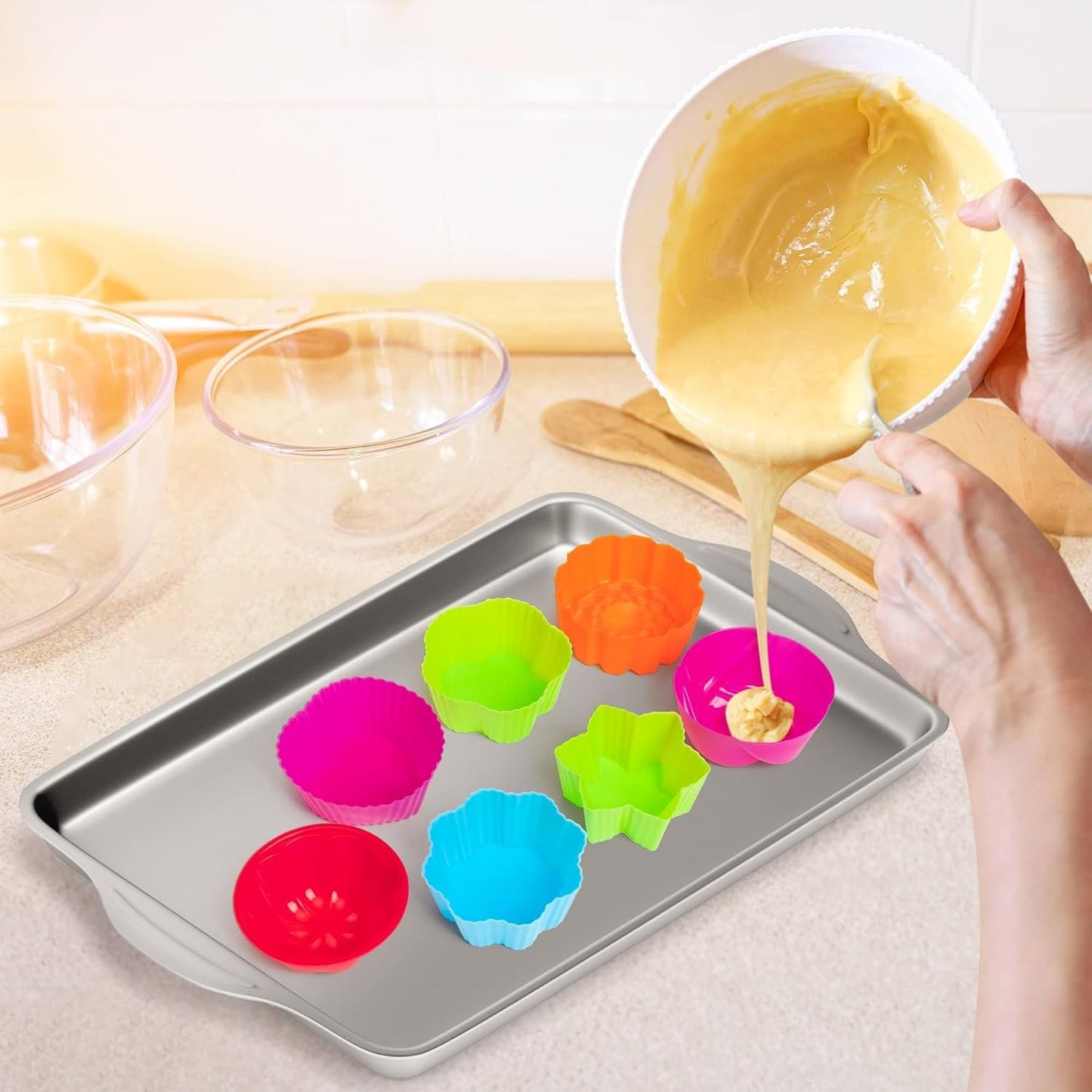 R HORSE 42Pcs Silicone Molds Cupcake 2 Inch Mini Size Reusable Muffins Liners Washable Non-Stick Donut Wrapper Mold Flower Shapes Baking Cups for Pan Oven Microwave Dishwasher