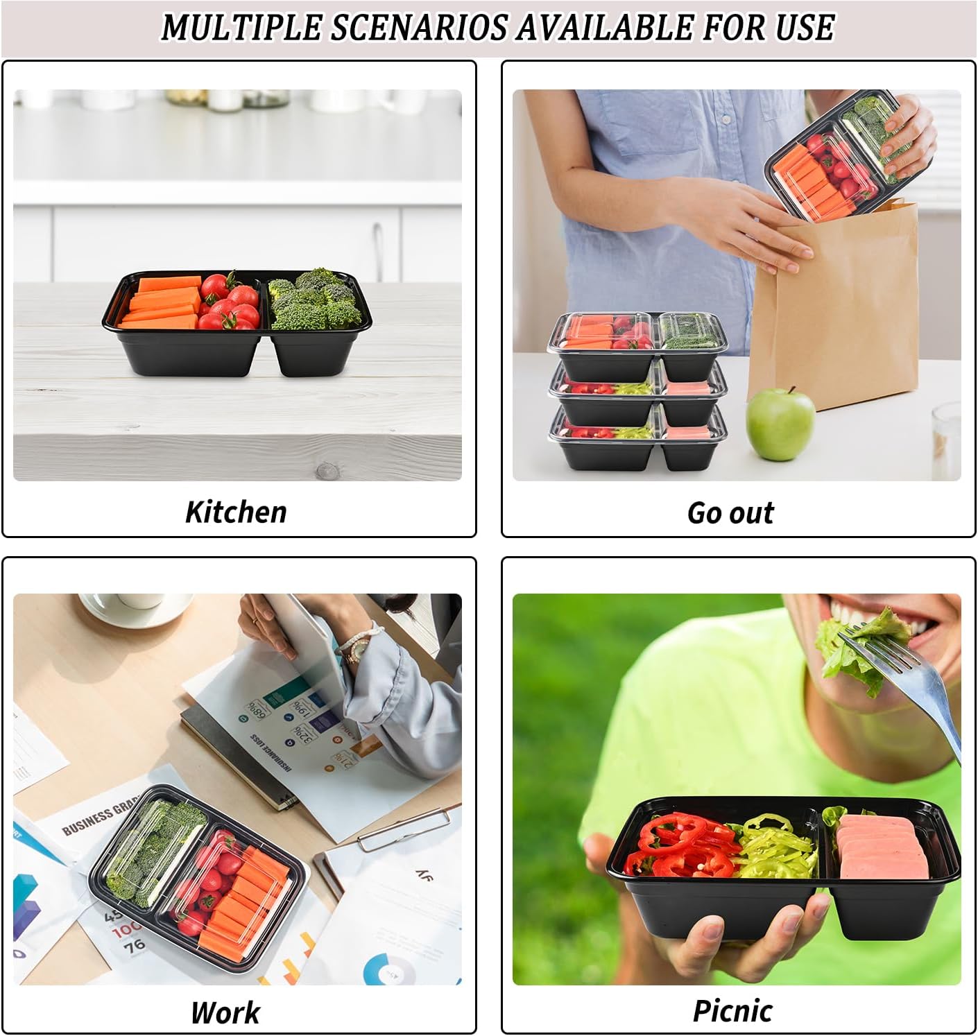 Sports Festival Meal Prep Containers Microwave Safe 16 Pack 2 Compartment with Lids, Food Storage Reusable, Stackable Bento Box, BPA Free, Freezer, Dishwasher Safe (32 oz)