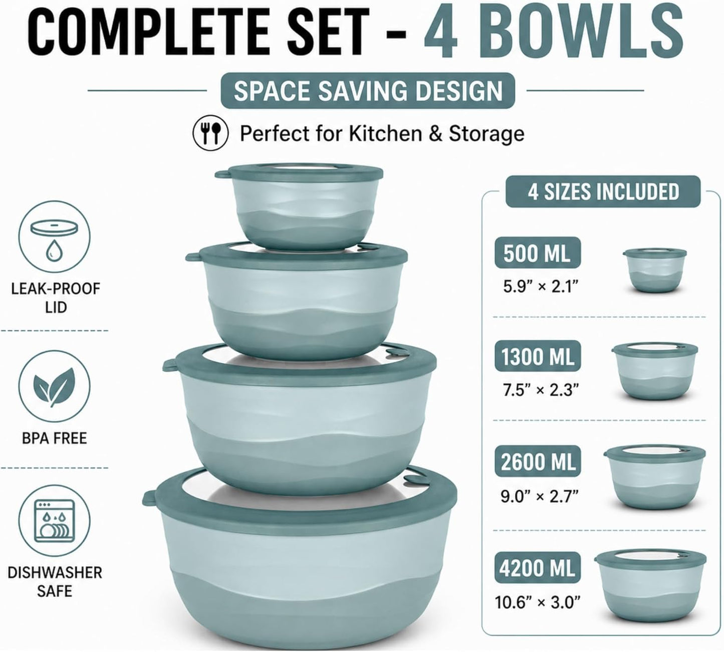 Pera Mixing Bowls with Lids, 8-Piece Airtight Leak-Proof Nesting BPA-Free Bowl Set for Kitchen & Food Storage, Large 4200ml Capacity, Microwave & Dishwasher Safe