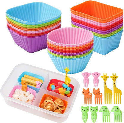 Doiaz Silicone Bento Lunch Box Dividers 3 Shapes of Standard Round & Square & Rectangle - Reusable Silicone Cupcake Liners Non-Stick Muffin Cups for Baking