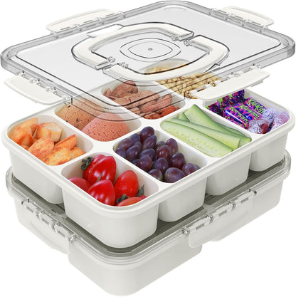 Caperci Snackle Box Container - Large 8 Compartments Divided Serving Tray with Lid & Handle, Portable Snack Box Tray for Travel Picnic, Dishwasher Safe, BPA-Free (Hold 10 Cups/2400ML)