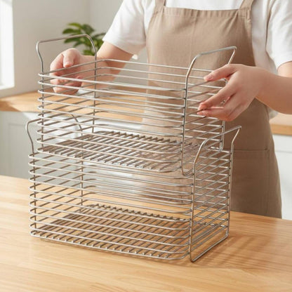 Metal Wire Organizer Bin with Handles Multipurpose Stainless Steel Storage Basket Rust-Resistant Stackable Pantry Basket for Cabinet, Square Tall