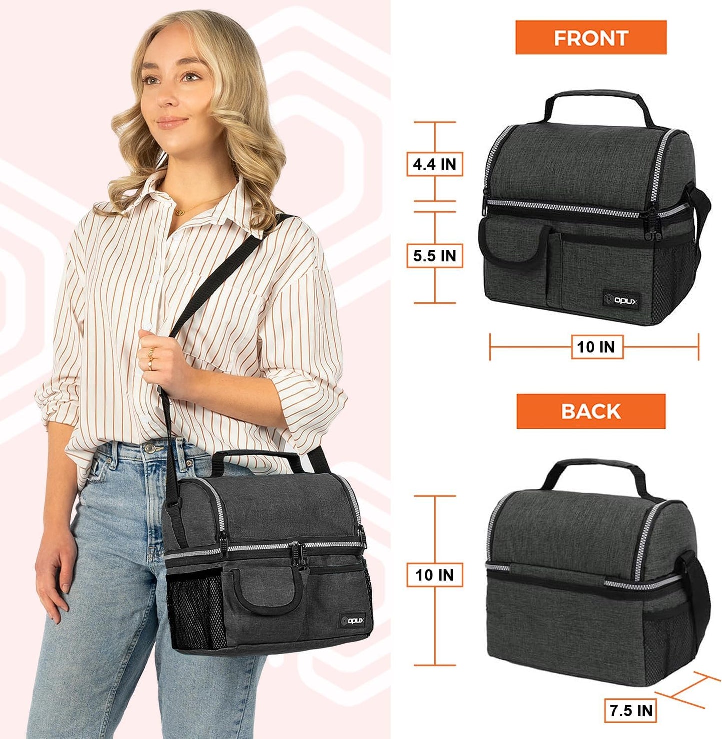 opux Insulated Lunch Bag Women Men, Dual Compartment Leakproof Lunch Box Adults Kids, Double Decker Meal Prep Bento Lunch Cooler Tote with Shoulder Strap for Work Office School Travel, Floral Purple