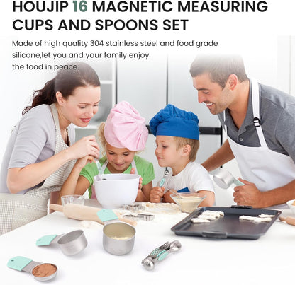 Magnetic Measuring Cups and Spoons Set-Heavy Duty 304 Stainless Steel，Double Measurement Markings，Set of 16 with Leveler for Measure Dry and Liquid Ingredients (Black)
