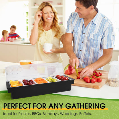 Ice Cooled Condiment Serving Container Fruit Veggie Condiment Caddy Plastic Garnish Station with Lid for Fruit,Ice Cream,Salad Bar-Topping Organizer for Restaurant Supplies (3 Compartments)