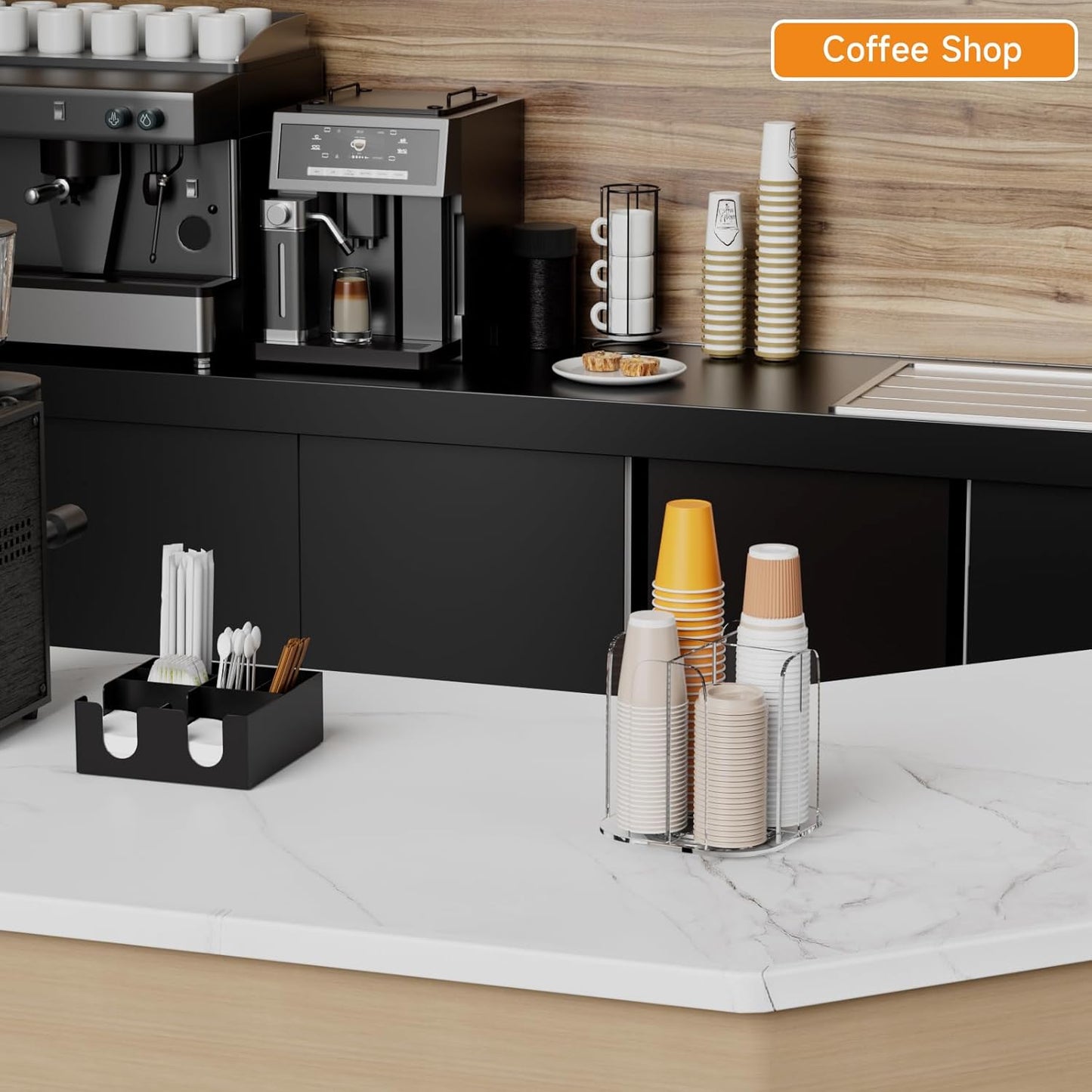 Beego Rotatable 4-Compartment Acrylic Cup Dispenser - Coffee Station Cup and Lid Carousel Countertop Plastic Cup Holder for Restaurant Breakroom Coffee Bar