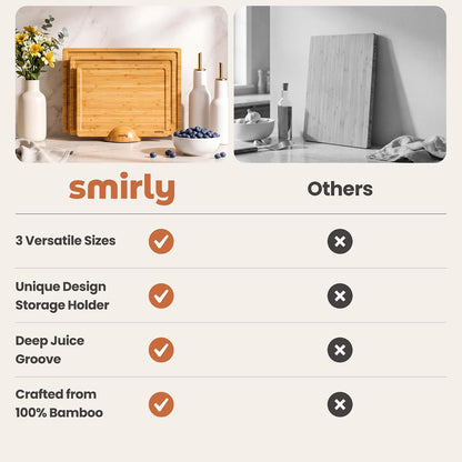 SMIRLY Walnut Cutting Board for Kitchen - Wood Cutting Boards with Handle and Juice Groove for Meal Prep, Serving, Charcuterie - Kitchen Gadgets - Non Toxic Wooden Chopping Board Set of 3 with Holder