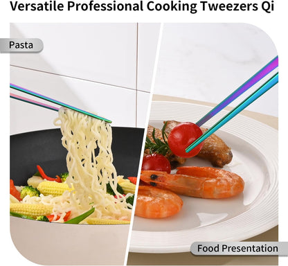 DEHOV 12 Inch Gold Stainless Steel Kitchen Tweezers For Cooking Tongs Set of 2, Metal Long Food Tweezers, BBQ Grill Tongs For Pasta