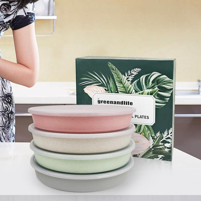 greenandlife 9 Inch 4PCS Portion Control Plates with Lids, Divided Plates for Kids Adults, Dishwasher Microwave Safe Compartment Plate, Unbreakable Lightweight Reusable Wheat Straw Plate, Earth Tone