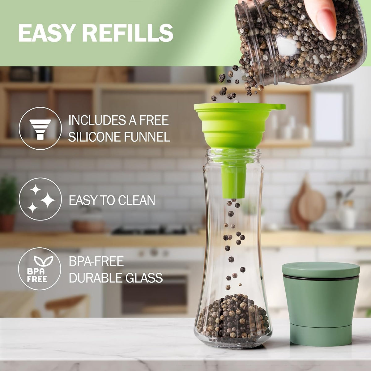 Home EC Premium Stainless Steel Sea Salt and Pepper Grinder Set of 2 - Adjustable Ceramic - Tall Glass Salt and Pepper Shakers - Kitchen Spice Mill W/Funnel & EBook