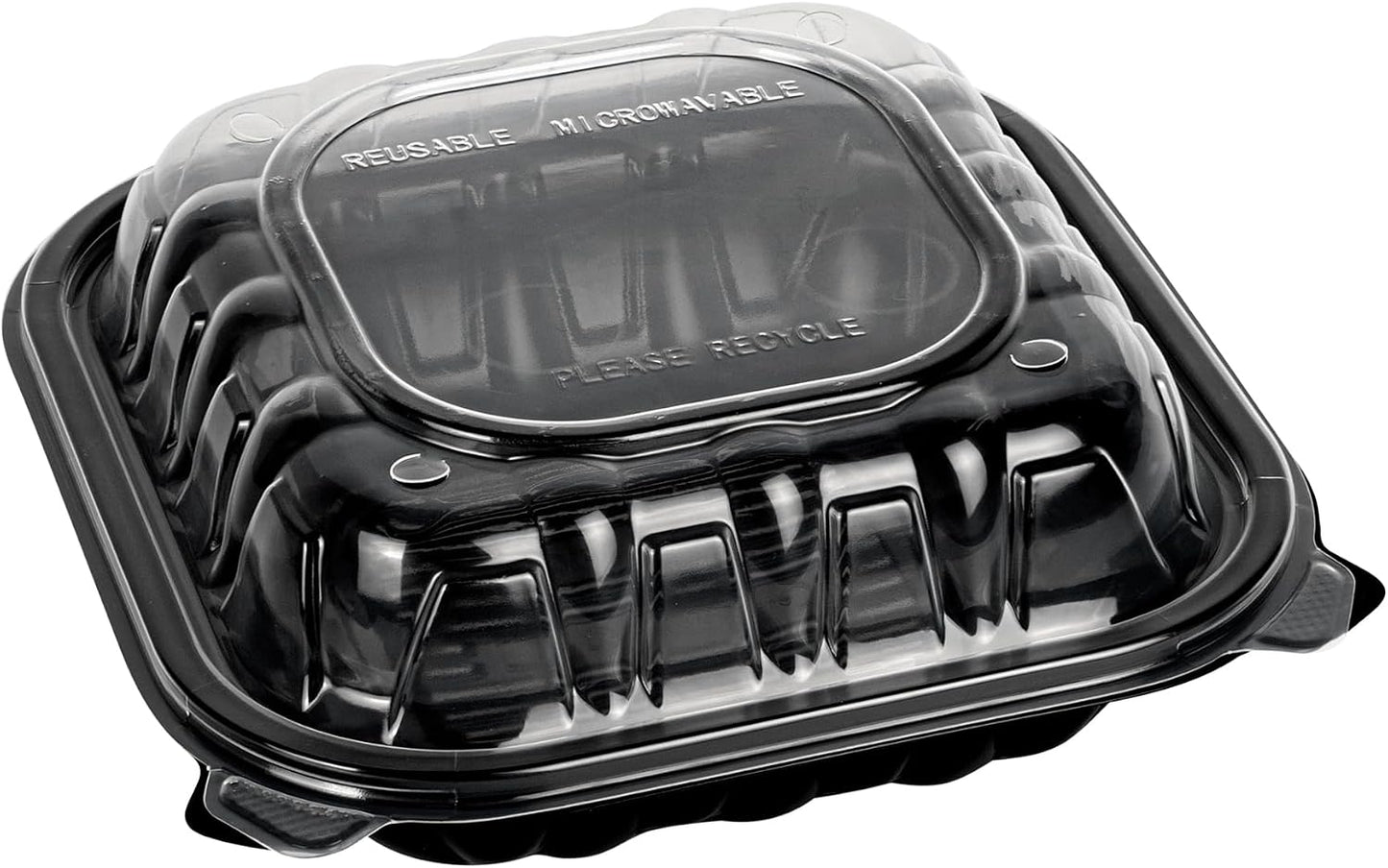 Thermo Tek 40 Ounce Clamshell Containers, 50 Disposable Take Out Boxes - 3 Compartments, Ventilated Lids, Black Plastic Meal Prep Containers, Microwavable, For Pasta Or Salads - Restaurantware