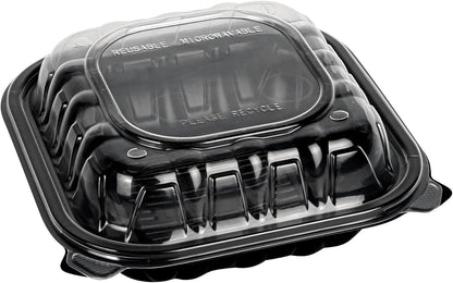 Thermo Tek 40 Ounce Clamshell Containers, 50 Disposable Take Out Boxes - 3 Compartments, Ventilated Lids, Black Plastic Meal Prep Containers, Microwavable, For Pasta Or Salads - Restaurantware