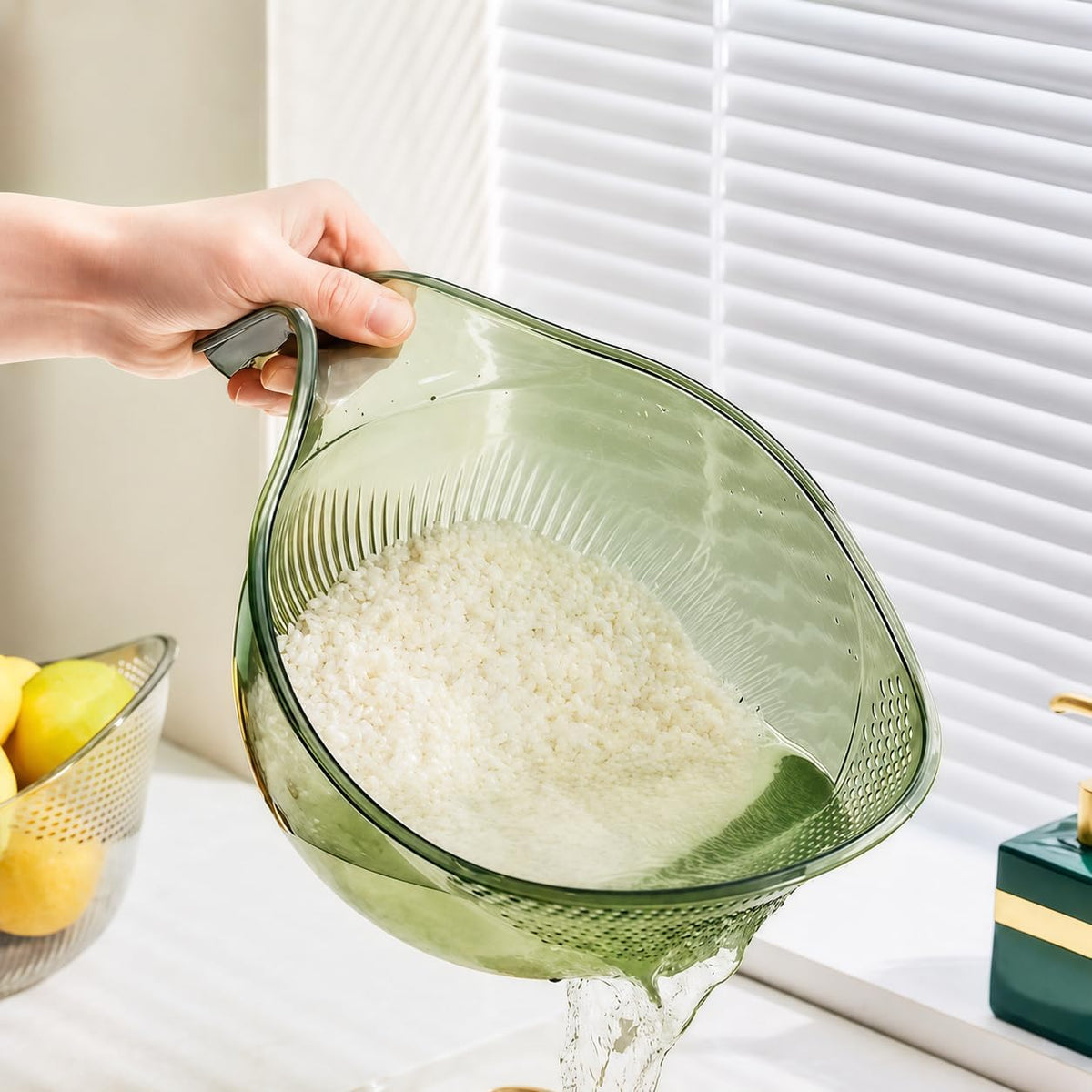 Rice Washer, Rice Rinser Strainer w/Handle, BPA-Free (Clear)