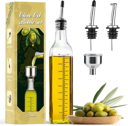 AOZITA 17oz Glass Olive Oil Bottle Dispenser - 500ml Green Oil and Vinegar Cruet with Pourers and Funnel - Olive Oil Carafe Decanter for Kitchen