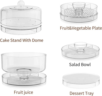 Compact Multifunc Chilled Serving Tray with Clear Rotating Lid,9 Inch Fruit Platter Tray for Parties and Small Cake Stand with Ice Storage Four Compartment Platter for Veggie Sushi Snacks Cupcakes