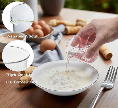 3 Piece Glass Measuring Cup Set, Includes 1/2-Cup, 1-Cup, and 2-Cup High Borosilicate Glasss Liquid Measuring Cups, Dishwasher, Freezer, Microwave, and Preheated Oven Safe, Essential Kitchen Tools