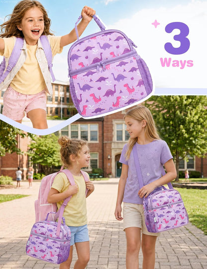 VASCHY Lunch Box Bag for Kids, Insulated Double Compartments Cooler Lunch Tote for Toddlers Boys Girls School/Daycare/Picnic Black Dinos