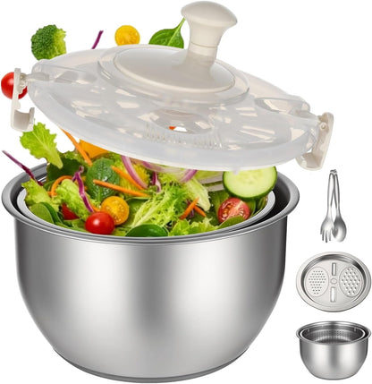 Stainless Steel Salad Spinner Set with Grater and Food Clip, 6L Large Metal Salad Spinner, Fruit Vegetable Dryer with Built-in Drain Spout for Dehydrating Fruit and Vegetable, Pasta (Silver)