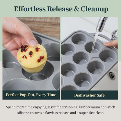 Silicone Muffin Pan with Metal Frame, 12-Cup Non-Stick Baking Pan for Cupcakes & Muffins, Dishwasher Safe & BPA Free, Durable for Meal Prep & Oven Use