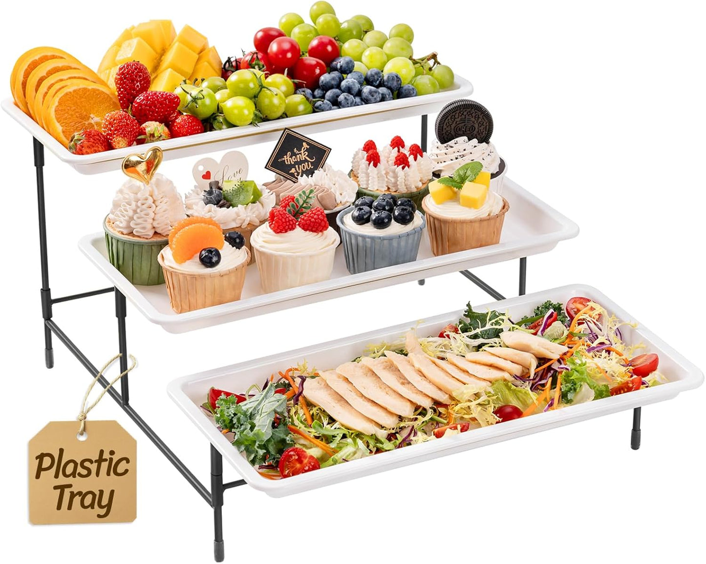Lifewit 3 Tier Serving Tray, 30 x 17 cm/12 x 6.5" White Plastic Tiered Food Serving Platters, Tiered Tray Stand for Party with Black Collapsible Metal Stand, Dessert Display Stand for Cookies/Crackers