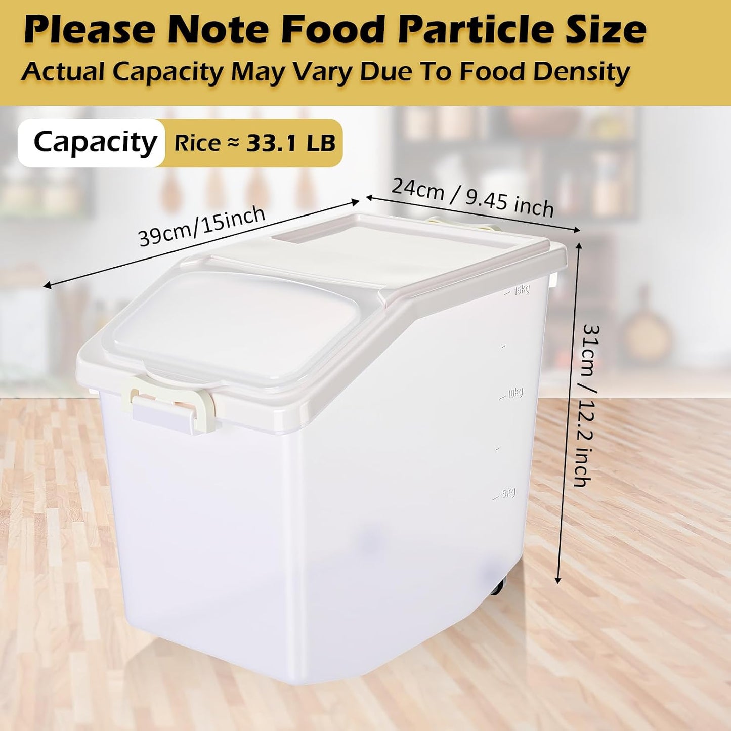 Sunnyray 4 Pcs Rice Storage Container 27.5 lb Airtight Flour Container with Wheels Measuring Cup White Pet Food Dog Cat Birds Food Bin Grain Cereal Organizer Box for Dry Baking Supplies