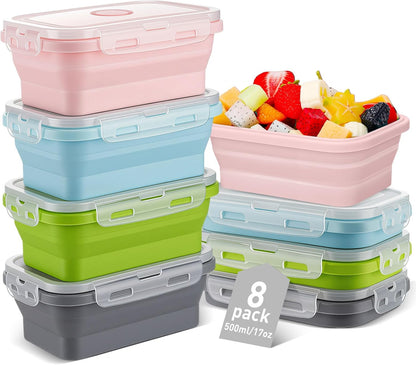 Mifoci Set of 8 Silicone Collapsible Bowls for Camping with Vent Lid Silicone Storage Containers for Food Meal Preparation Square Bowl Microwave Freezer Dishwasher Safe(Blue,17 Oz/ 500 ml)