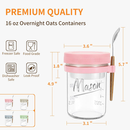 Xyptorix 6 Pack Overnight Oats Containers with Lids and Spoons, 16 oz Mason Jars with Removable Separate Compartments, Airtight and Leak-Proof Glass Jars for Chia Pudding, Yogurt, and Oatmeal