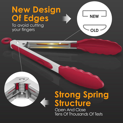 HOTEC Premium Stainless Steel Locking Kitchen Tongs with Silicon Tips, Set of 2-9" and 12"