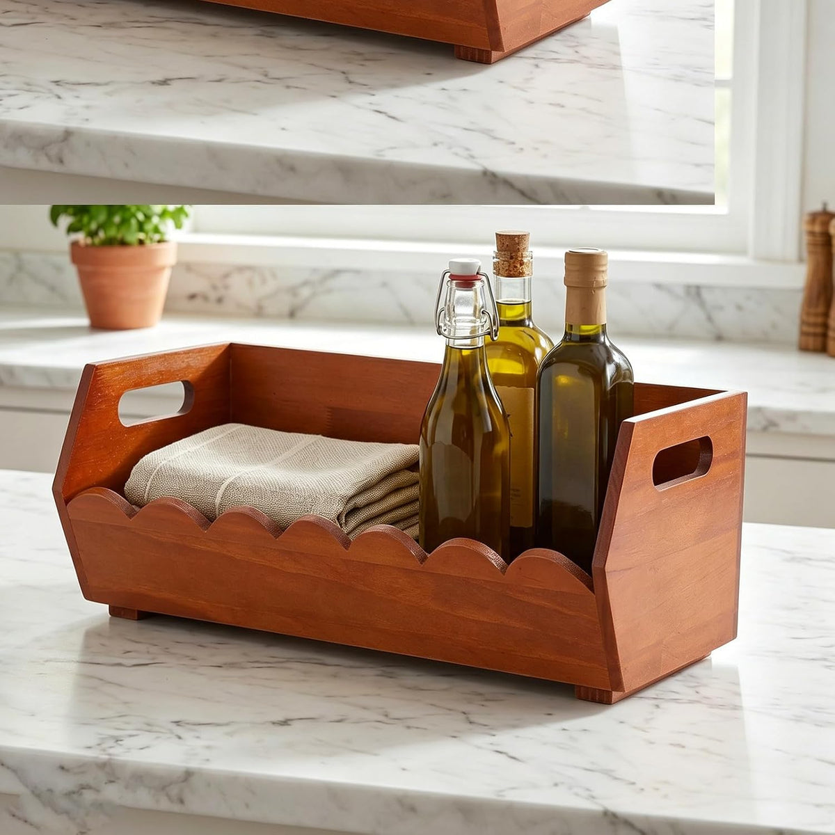 Wood Pantry Organizer Basket with Handle for Kitchen Storage, Rustic Wooden Bread and Vegetable Bin with Wide Opening, Ergonomic Handles, and Flat Bottom for Easy Access