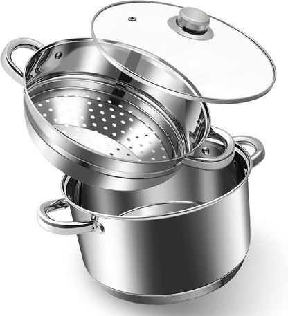 6 QT Stainless Steel Cookware Set, 3-Piece Multipurpose Stock Pot with Steamer Pot and Tempered Glass Lid, Stainless Steel Handle, Work with Gas Electric Induction Stove