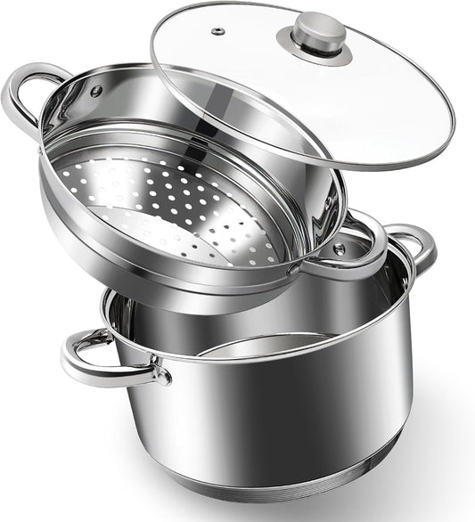 6 QT Stainless Steel Cookware Set, 3-Piece Multipurpose Stock Pot with Steamer Pot and Tempered Glass Lid, Stainless Steel Handle, Work with Gas Electric Induction Stove