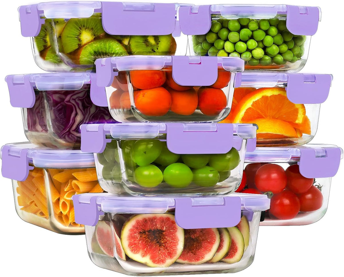 HOMBERKING 18 Piece Glass Food Storage Containers with Lids, Glass Meal Prep Containers, Airtight Lunch Bento Boxes, BPA-Free & Leak Proof, Oven, Freezer and Dishwasher Safe (9 lids & 9 Containers)
