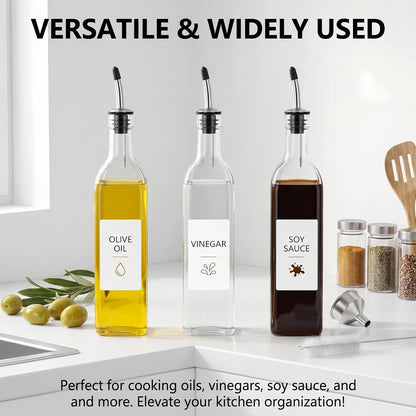 Green Olive Oil Dispenser Bottle - 17oz/500ml Glass Oil and Vinegar Bottles Set for Kitchen, Oil Dispenser with 2 Stainless Steel Pourers, Funnel and Brush