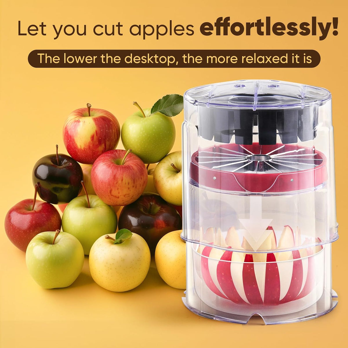 Newness 5.12-Inch Apple Slicer – Extra-Large, Ultra-Safe Stainless Steel Cutter for 8 Perfect Slices, Effortless Cutting, Cuts All the Way Through with Transparent Bowl