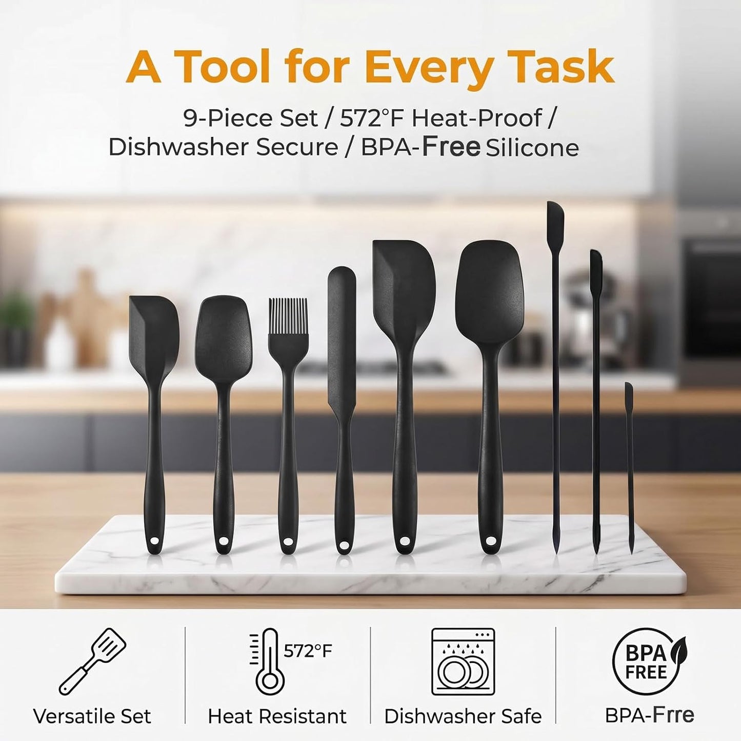 Silicone Spatula Set 9Pcs, Heat Resistant 572°F, Durable One-Piece Design, BPA-Free for Baking, Cooking, and Mixing Non Stick Dishwasher Safe, Black