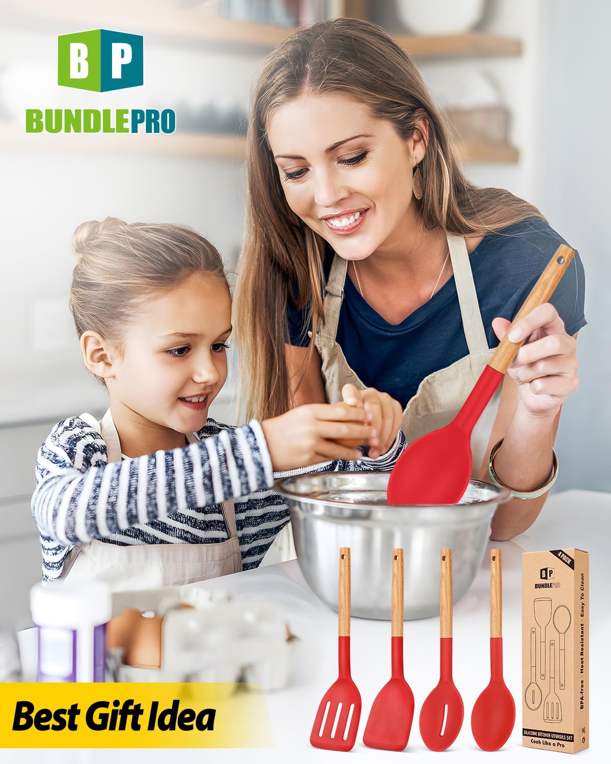Pack of 4 Silicone Cooking Utensils Set, Non Stick Solid Spatulas and Heat Resistant Slotted Spoons with Wooden Handle, Ideal Wood Kitchen Utensils Set for Frying,Serving,Turning,Stirring (KHAKI)