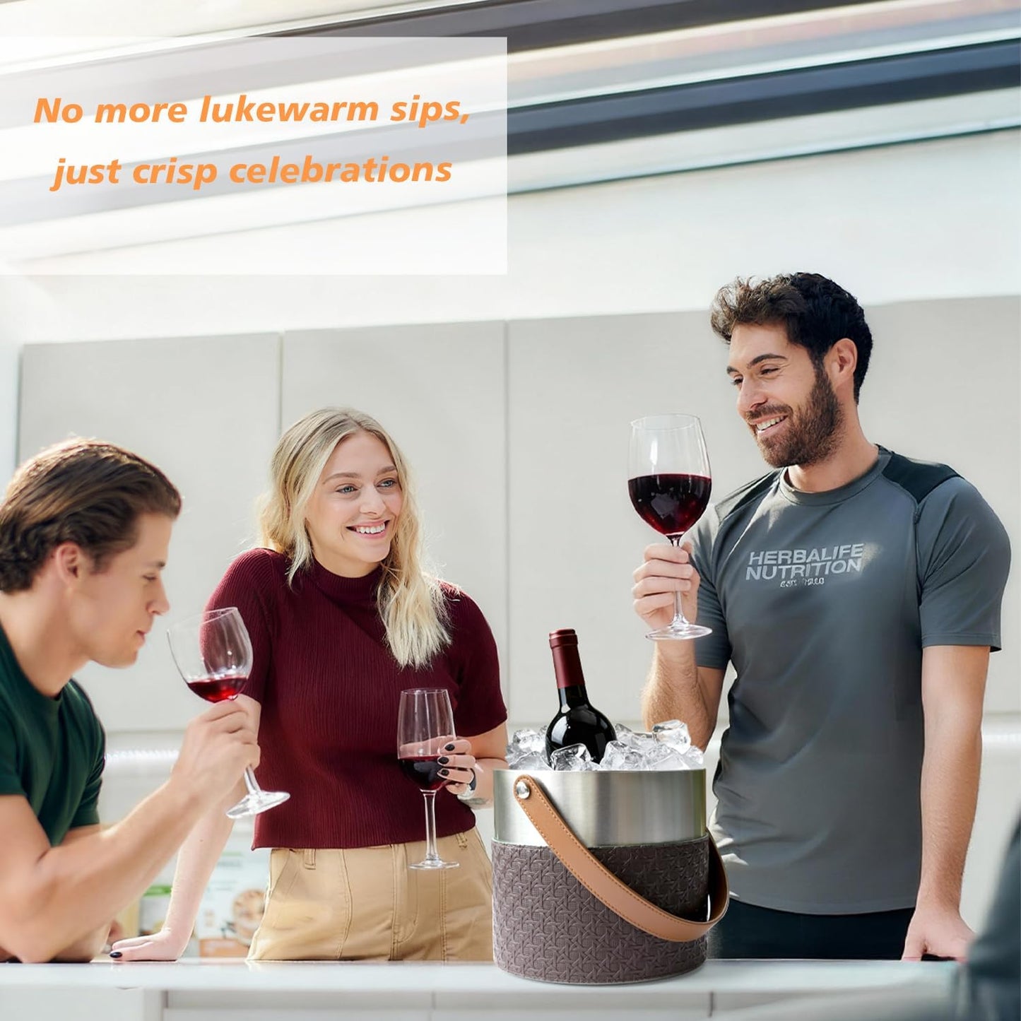Bakpoco Double-Wall Vacuum Insulated Ice Bucket with Lid, Scoop, Ice Tong, Strainer & Leather Handle Keep Ice Frozen Longer Large Wine Ice Buckets for Cocktail Bar,Parties Chilling Beer Champagne 3L